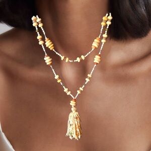 Long Neutral Beaded Necklace w/ Tassel Pendant | Tan Cream Green | NWOT